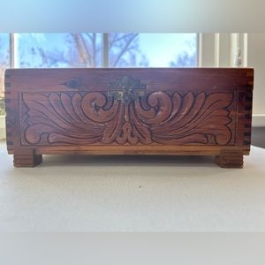 Vintage handmade carved wood vanity cedar wood box with painted florals mirror